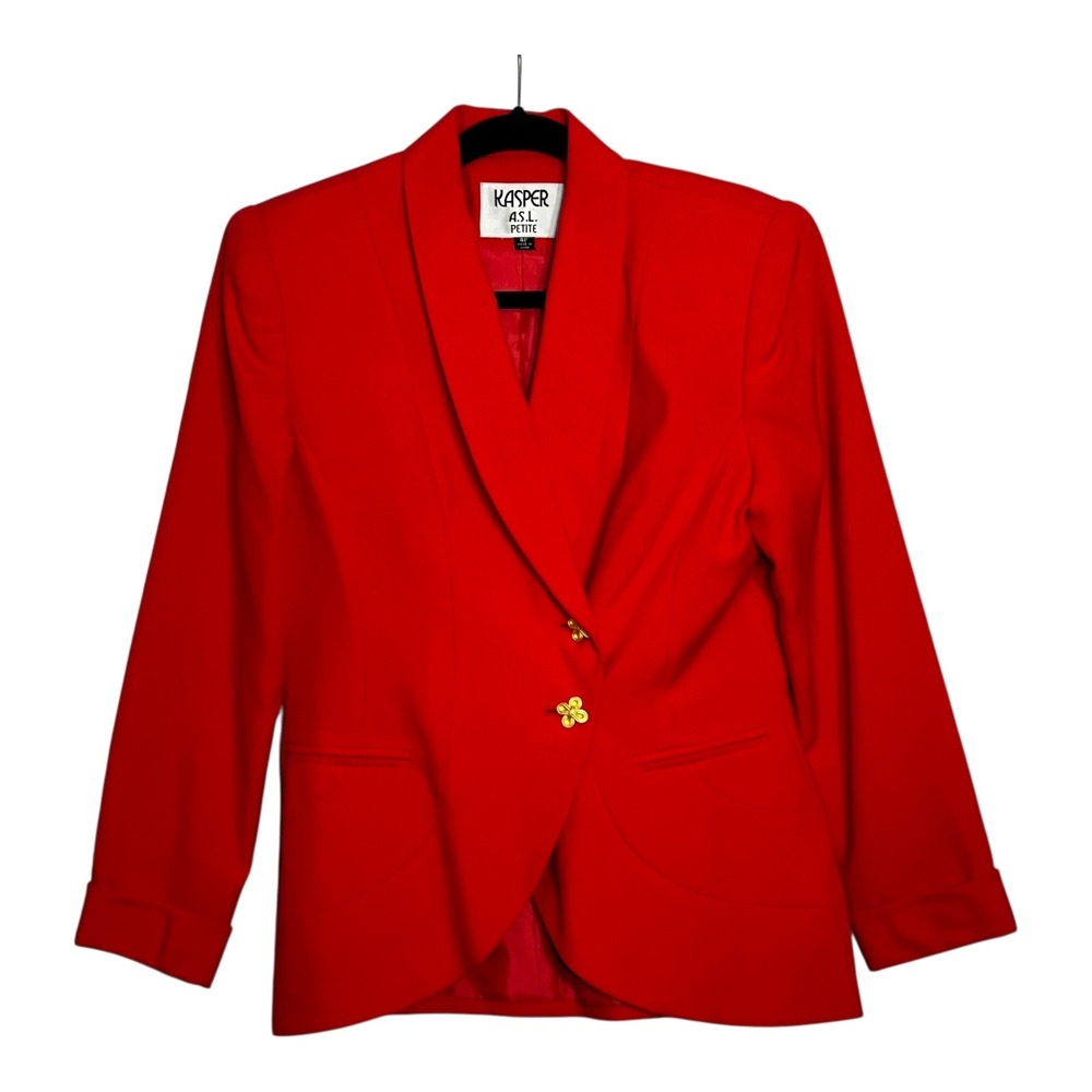 Kasper ASL‎ Petite Red Shawl Lapel Blazer Gold Floral Buttons Size 4P